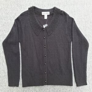 Victoria Holley Women's Large Silk Angora Wool Cardigan Sweater Beaded Collar